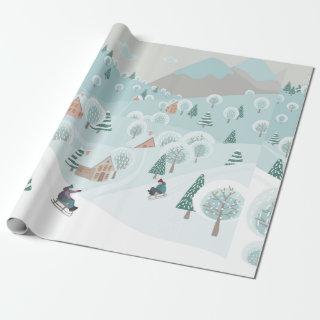 Winter landscape with snow, trees and children on