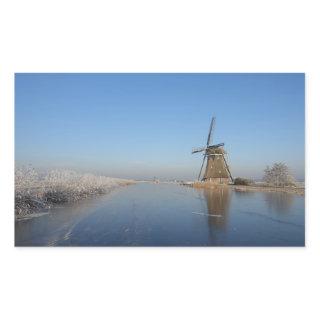 Winter landscape with windmill and ice rectangular sticker