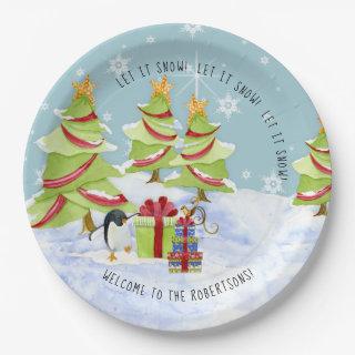Winter Let it Snow Christmas Trees Penguin Name Paper Plates