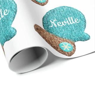 Winter mitten cute snowflake blue brown woolen