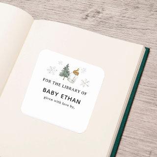 Winter Mountain Baby Shower Book Library Square Sticker