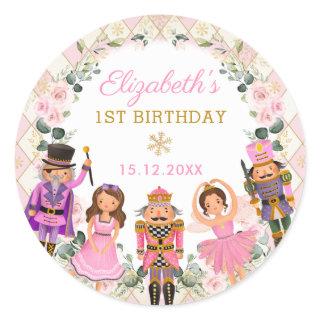 Winter Nutcracker Floral Birthday Party Baby Girl Classic Round Sticker