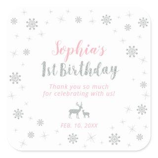 Winter onderland, Silver & Pink 1st Birthday Square Sticker
