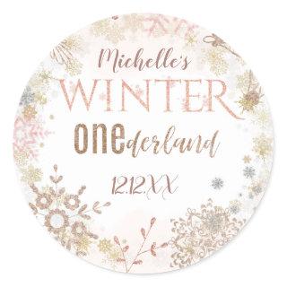 Winter Onederland 1st Birthday Pink Snowflake Classic Round Sticker