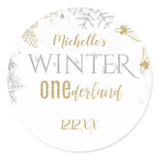Winter Onederland Birthday Silver Gold Snowflake Classic Round Sticker