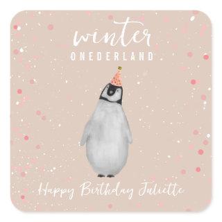 Winter Onederland Pink Birthday Penguin Confetti Square Sticker