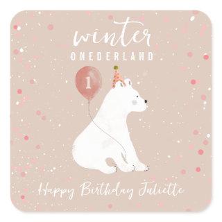 Winter Onederland Pink Polar Bear 1st Birthday Square Sticker