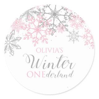 Winter Onederland Silver and Pink Snowflake Classic Round Sticker