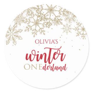Winter ONEdernald Red and Gold Snowflake Birthday Classic Round Sticker