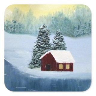 Winter Peace Landscape Frozen River Cabin Scene Square Sticker