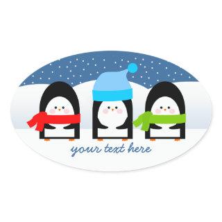 Winter Penguin Trio Snowy Night Oval Sticker