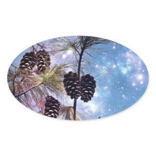 Winter Pine Cones under a starry night sky Oval Sticker