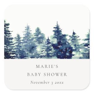 Winter Pine Forest Snowfall Watercolor Baby Shower Square Sticker