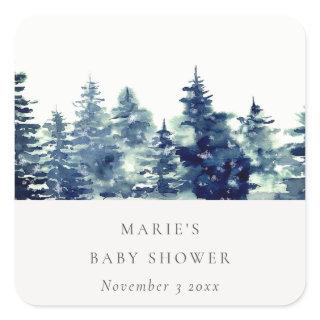 Winter Pine Forest Snowfall Watercolor Baby Shower Square Sticker