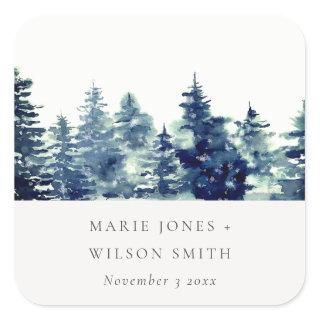 Winter Pine Forest Snowfall Watercolor Wedding Square Sticker