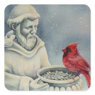 Winter Red Cardinal Bird St Francis Watercolor Art Square Sticker