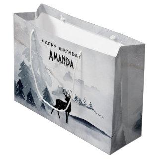 Winter Reindeer Rustic Gray Watercolor Birthday Large Gift Bag
