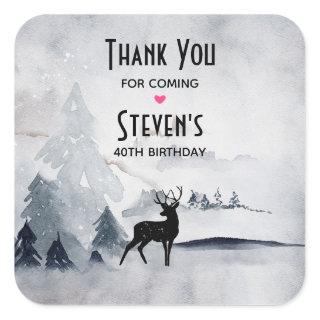 Winter Reindeer Rustic Gray Watercolor Birthday Square Sticker