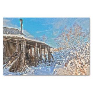 Winter Rustic Snow Covered Cabin Blue Sky Scenery Tissue Paper
