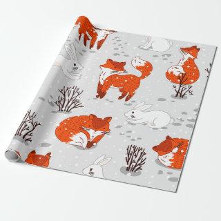 Winter seamless pattern with cute foxes and bunny.