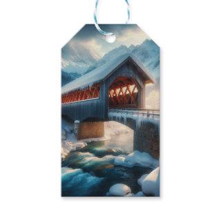 Winter, snow covered bridge & river gift tags