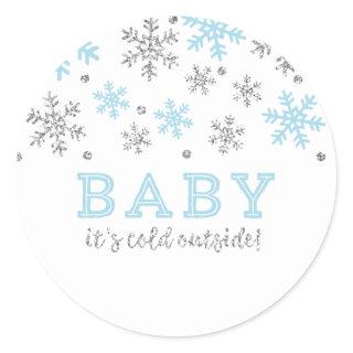 Winter Snowflake, Baby It's Cold Outside, Blue Classic Round Sticker