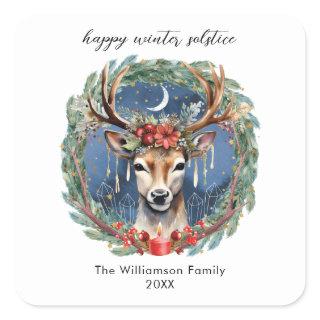 Winter Solstice Holiday Deer Wreath Yule Christmas Square Sticker