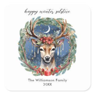 Winter Solstice Holiday Deer Wreath Yule Christmas Square Sticker