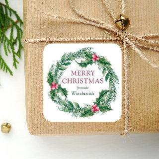 Winter Sprigs Wreath Merry Christmas Watercolor Square Sticker