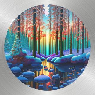 Winter Trees Landscape Illustration Classic Round Sticker