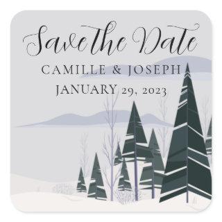 Winter Trees Modern Snow Forest Save the Date Square Sticker