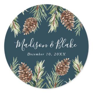 Winter Watercolor Pine Cone Navy Wedding Classic Round Sticker