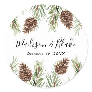 Winter Watercolor Pine Cone Wedding Classic Round Sticker