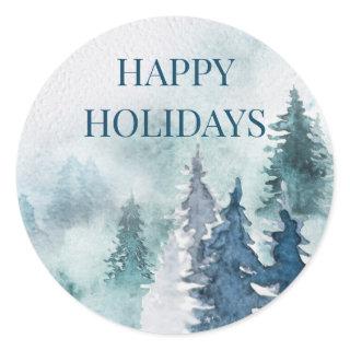 Winter Watercolor Pine Forest Blue Green Custom Classic Round Sticker