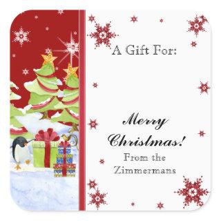Winter Whimsy Cute Penguin Babies in Snow Star Square Sticker