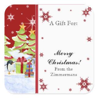 Winter Whimsy Cute Penguin Babies in Snow Star Square Sticker