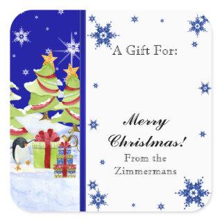 Winter Whimsy Cute Penguin Babies in Snow Star Square Sticker