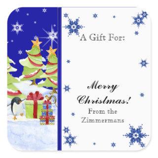 Winter Whimsy Cute Penguin Babies in Snow Star Square Sticker