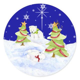 Winter Whimsy Cute Polar Bear Babies in Snow Star Classic Round Sticker