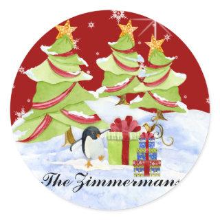 Winter Whimsy Cute Polar Bear Babies in Snow Star Classic Round Sticker