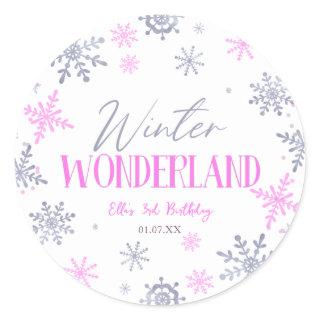 Winter Wonderland Pink Snowflake Birthday Party Classic Round Sticker