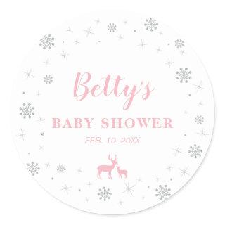 Winter wonderland, Silver & Pink Baby Shower Classic Round Sticker