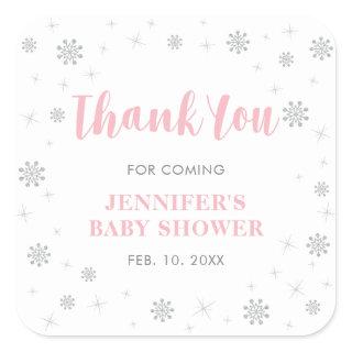Winter wonderland, Silver & Pink Baby Shower Favor Square Sticker