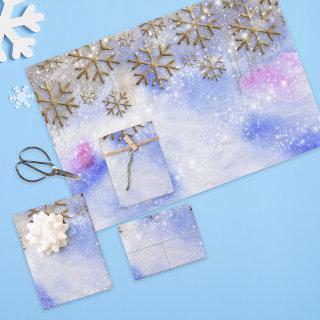 Winter Wonderland With Gold Glittery Snowflakes  Sheets