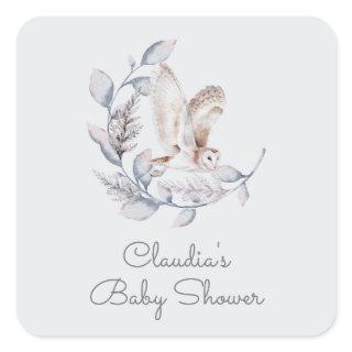 Winter Woodland Owl Modern Script Baby Shower Square Sticker