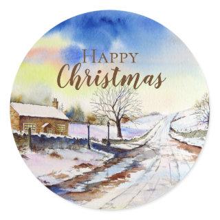 Wintery Lane Watercolor Landscape Painting Classic Round Sticker