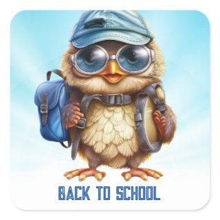 Wise Owl with Blue backpack, hats and an eyeglass, Square Sticker