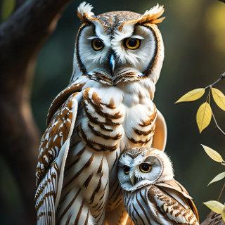 Wise white owl with baby sitting on a branch tissue paper