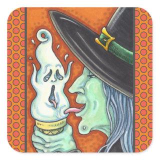 WITCH EATING SCREAMING ICE CREAM CONE, HALLOWEEN SQUARE STICKER