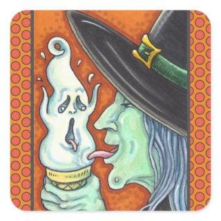 WITCH EATING SCREAMING ICE CREAM CONE, HALLOWEEN SQUARE STICKER